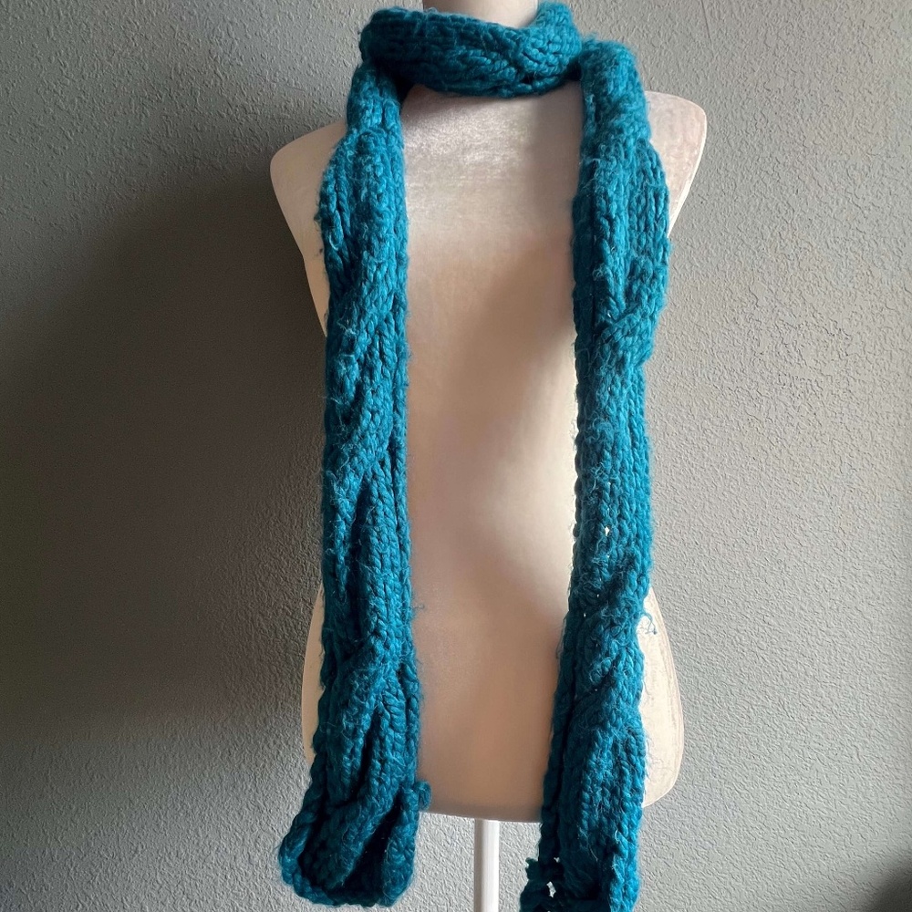 Hand Knit, Long, Turquoise Blue, Bulky Wool Scarf